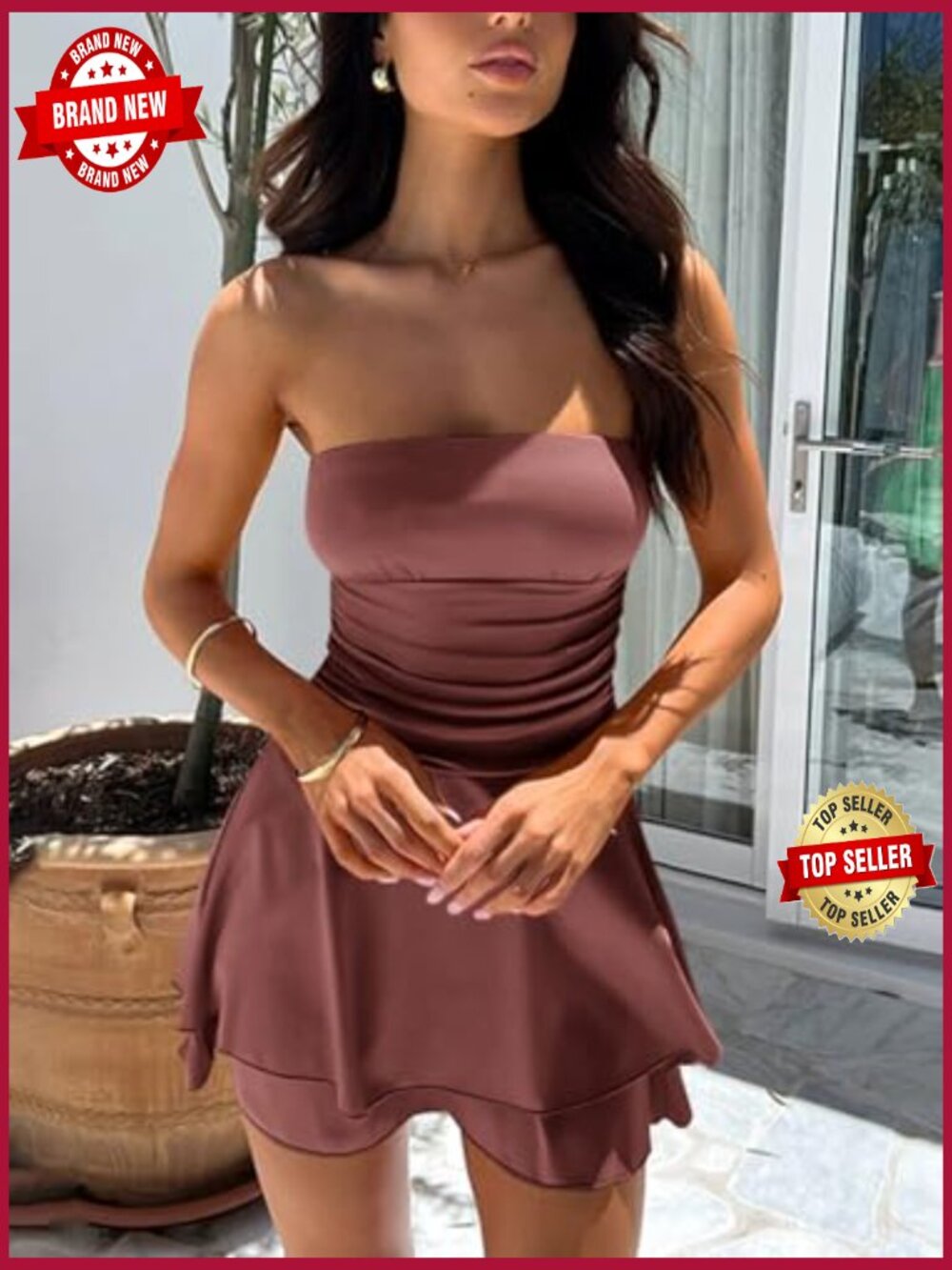 Strapless Ruched Basque Waist Ruffle Layer Mini Party Dress - Picture 5 of 7